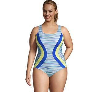 Lands End One Piece Swimsuit X-Back Plus Sz 18 W Colorblock Blue Yellow Modest
